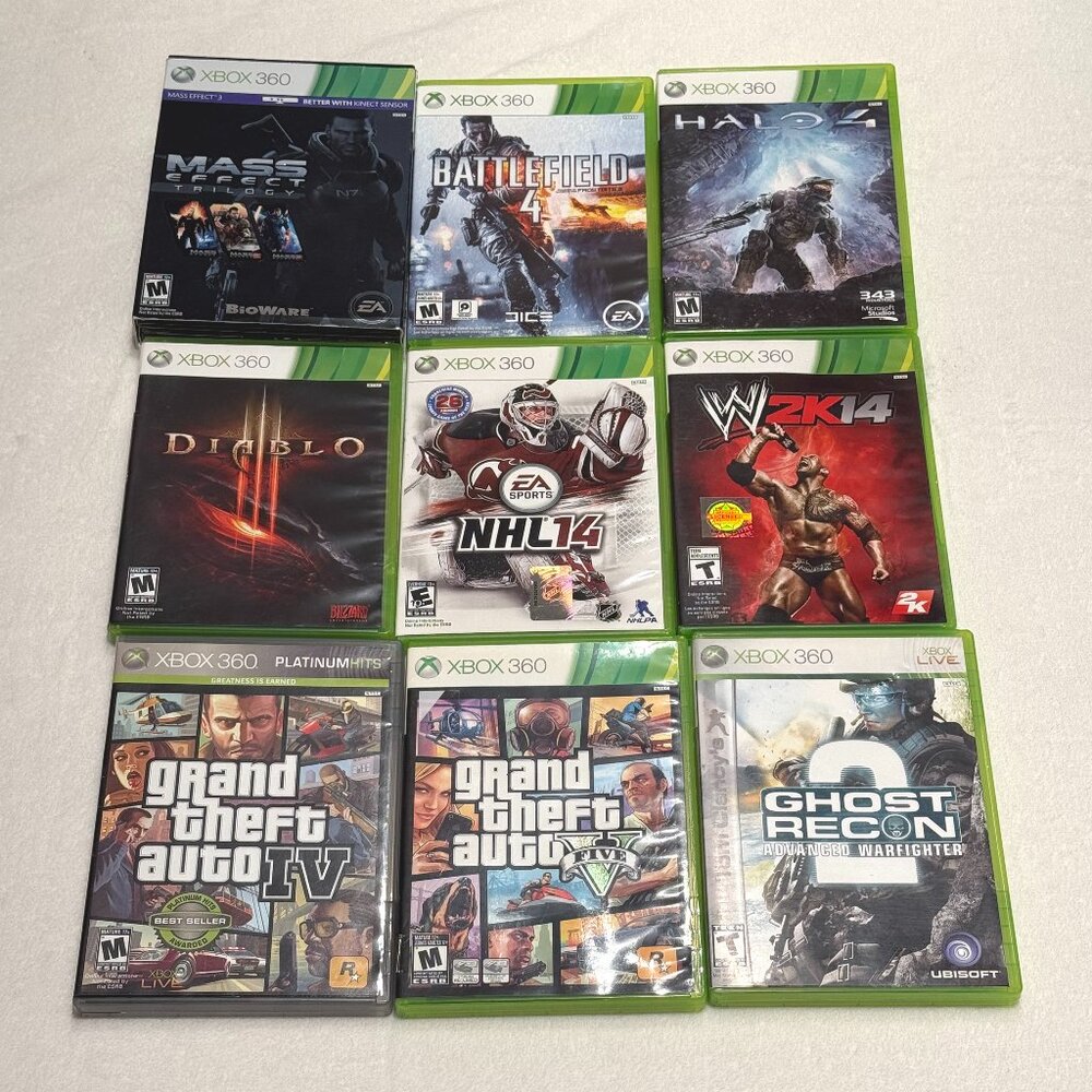 Xbox 360 Games Bundle  - 9 Popular Games Lot  Mass Effect, GTA, Halo, Diablo WWE